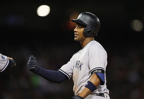 Miguel Andujar reaches base for the Yankees. 