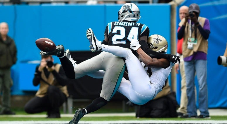Carolina Panthers cornerback James Bradberry (24) is called for pass interference on a pass intended for New Orleans Saints wide receiver Michael Thomas (13) in the first quarter on Dec 29, 2019 at Bank of America Stadium.