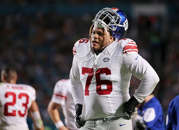 Ereck Flowers looks on during a game with the Giants