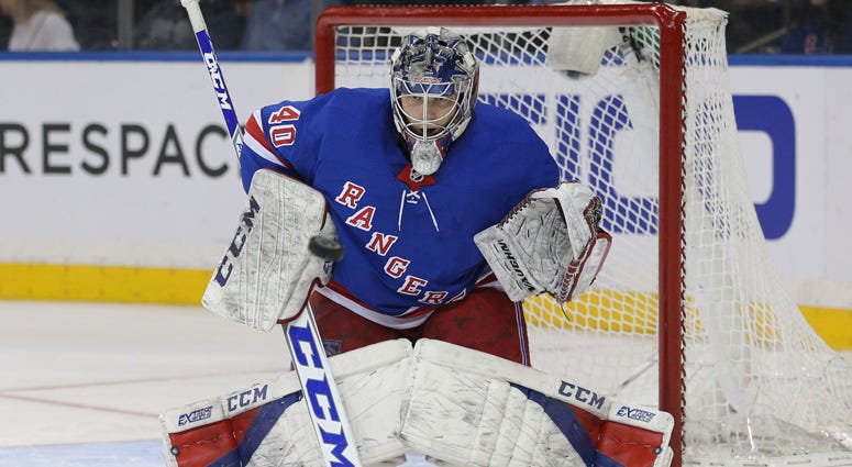 Rangers goalie Alexandar Georgiev makes a save against the Pittsburgh Penguins on March 14, 2018, at Madison Square Garden. 