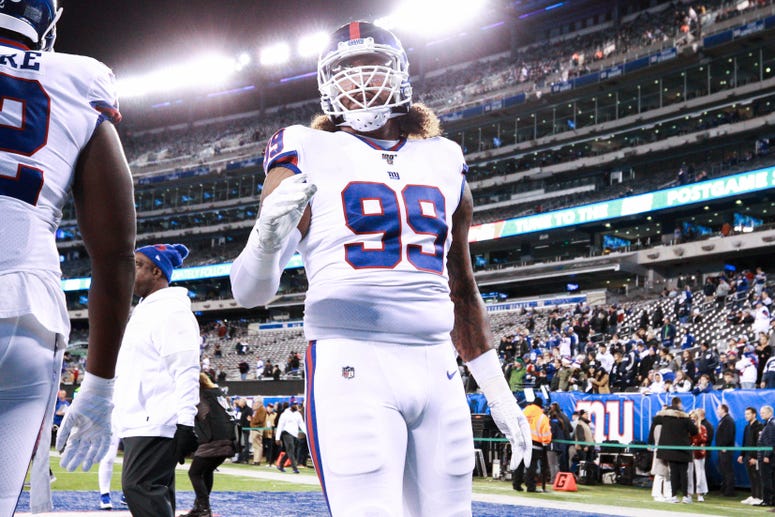New York Giants defensive end Leonard Williams (99) warms up before a game against the Dallas Cowboys on Nov 4, 2019; at MetLife Stadium.