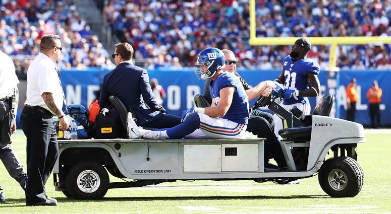 The Giants' Ryan Connelly is carted off the field after he is injured against the Washington Redskins on Sept. 29, 2019, at MetLife Stadium.  