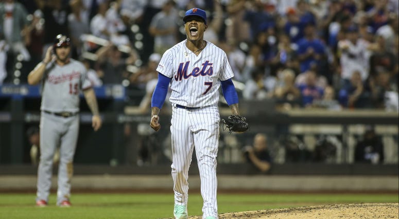 New York Mets pitcher Marcus Stroman (7) reacts after a strikeout to end the sixth inning against the Washington Nationals at Citi Field