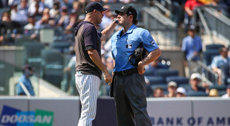 Yankees manager Aaron Boone argues with home plate umpire Ben May on Aug. 17, 2019, at Yankee Stadium.