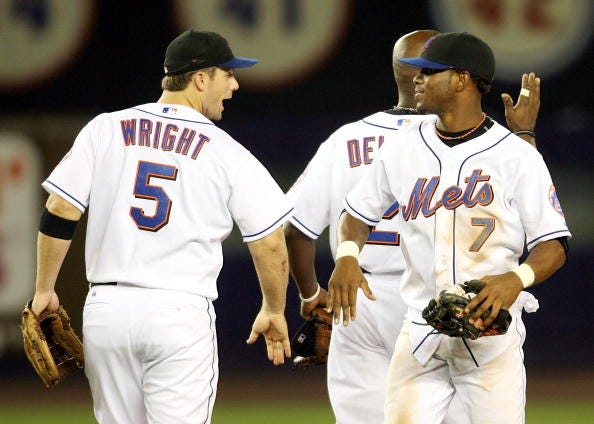 David Wright and Jose Reyes celebrate a Mets win in 2006. 