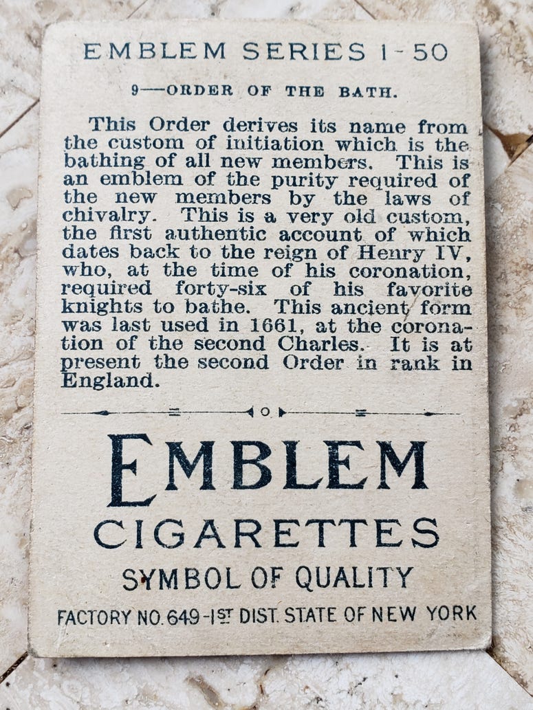 Card of the Day for May 12: 1911 American Tobacco T56 Order of the Bath (back)