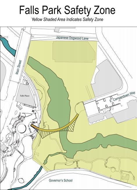 Map showing blasting areas around the Liberty Bridge and Falls Park
